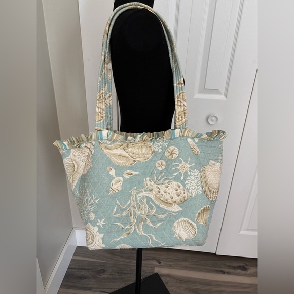 Sea Shell Patterned Blue Quilted Beach Bag with Drawstring Wet Bag - Picture 1 of 7